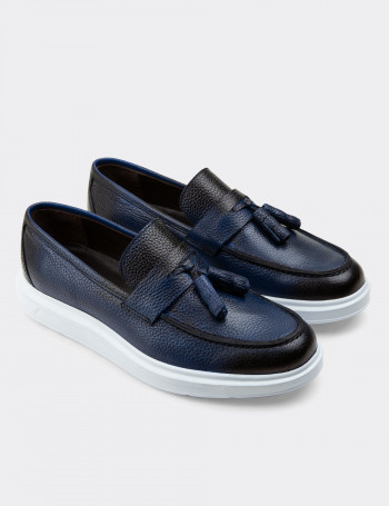 Hakiki Deri Mavi Comfort Püsküllü Erkek Loafer - 01587MMVIP06