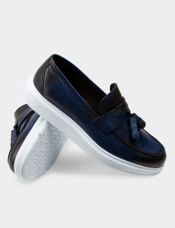 Hakiki Deri Mavi Comfort Püsküllü Erkek Loafer - 01587MMVIP06