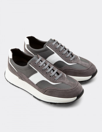 Hakiki Deri Gri Sneaker Erkek Ayakkabı - 01889MGRIE01