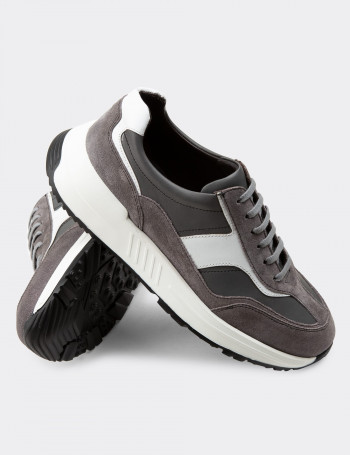 Hakiki Deri Gri Sneaker Erkek Ayakkabı - 01889MGRIE01