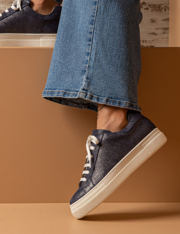 Hakiki Süet Lacivert Simli Sneaker Kadın Ayakkabı - Z1681ZLCVC03