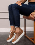 Hakiki Süet Taba Rengi Simli Sneaker Kadın Ayakkabı