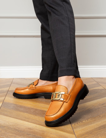 Hakiki Deri Bronz Rengi Tokalı Loafer Kadın Ayakkabı