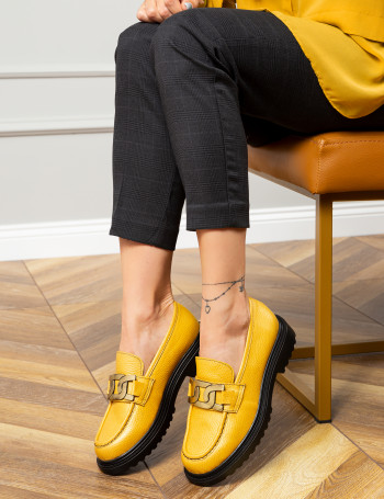 Hakiki Deri Sarı Loafer Tokalı Kadın Ayakkabı