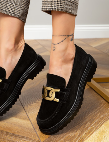 Hakiki Süet Siyah Tokalı Kadın Loafer - 01902ZSYHP01