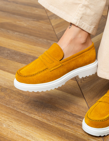 Hakiki Süet Sarı Loafer Kadın Ayakkabı