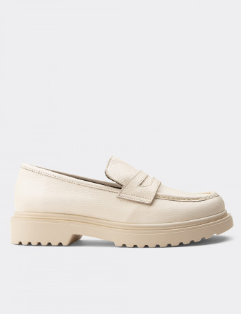 Hakiki Deri Bej Loafer Kadın Ayakkabı - 01903ZBEJP02