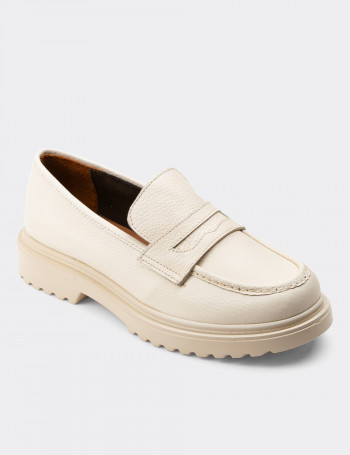 Hakiki Deri Bej Loafer Kadın Ayakkabı - 01903ZBEJP02