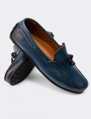 Hakiki Deri Lacivert Loafer Erkek Ayakkabı - 01647MLCVC03