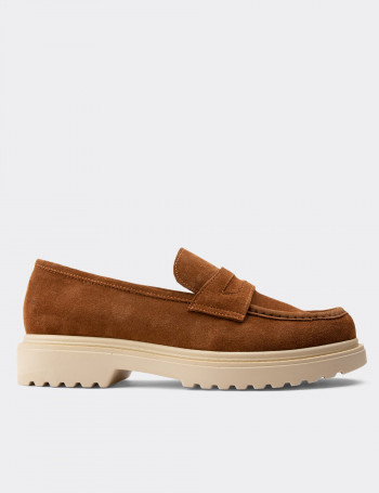 Hakiki Süet Taba Rengi Loafer Kadın Ayakkabı - 01903ZTBAP01