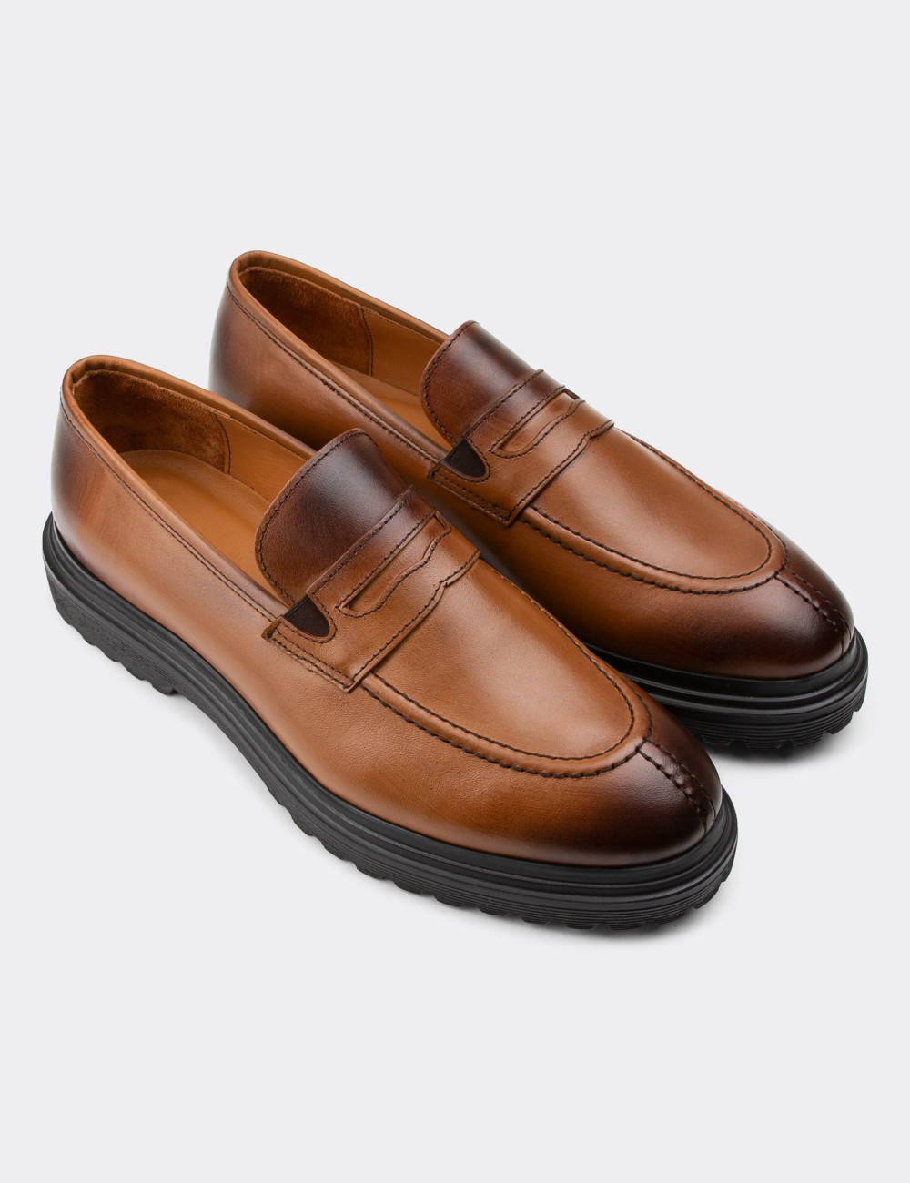 Hakiki Deri Taba Rengi Loafer Erkek Ayakkabı - 01878MTBAE01