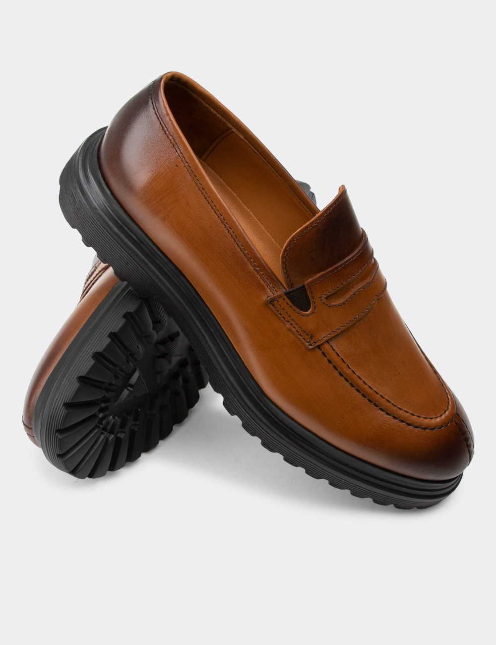 Hakiki Deri Taba Rengi Loafer Erkek Ayakkabı - 01878MTBAE01