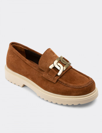 Hakiki Süet Taba Rengi Loafer Kadın Ayakkabı - 01902ZTBAP01