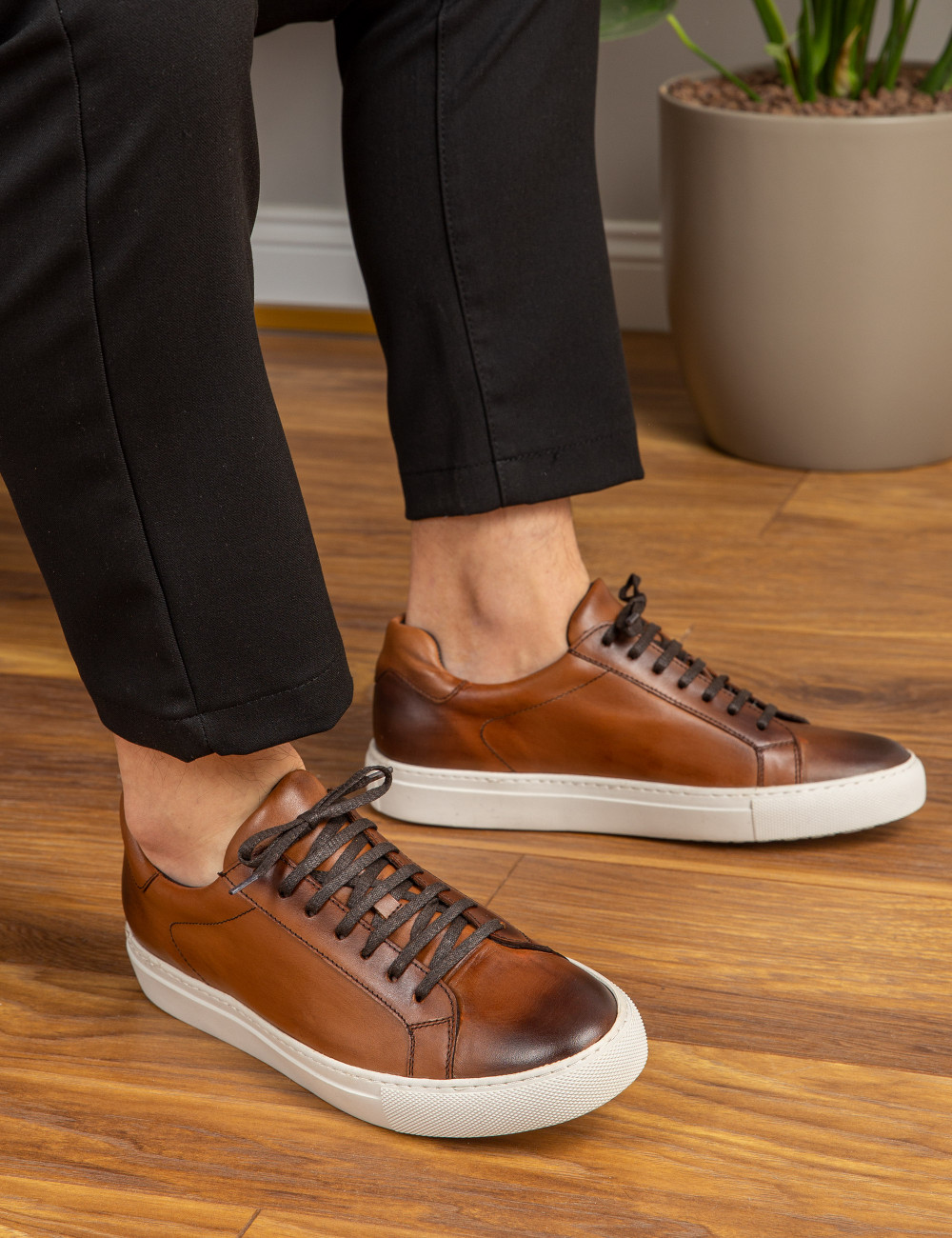 Hakiki Deri Taba Rengi Sneaker Erkek Ayakkabı - 01681MTBAC03