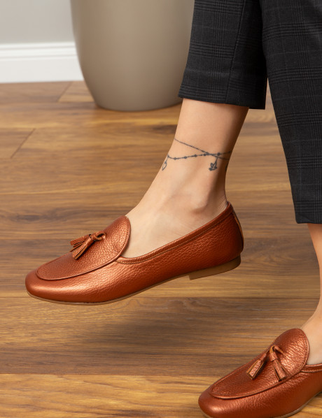 Hakiki Deri Bakır Rengi Püsküllü Kadın Babet