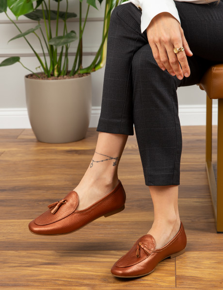 Hakiki Deri Bakır Rengi Püsküllü Kadın Babet