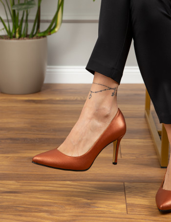Hakiki Deri Bakır Rengi Stiletto Kadın Topuklu Ayakkabı