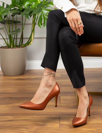 Hakiki Deri Bakır Rengi Stiletto Kadın Topuklu Ayakkabı