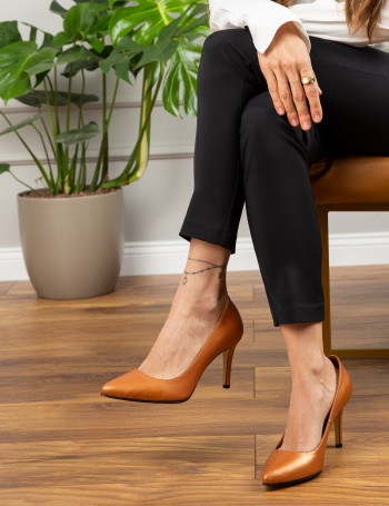 Hakiki Deri Bronz Rengi Stiletto Kadın Topuklu Ayakkabı