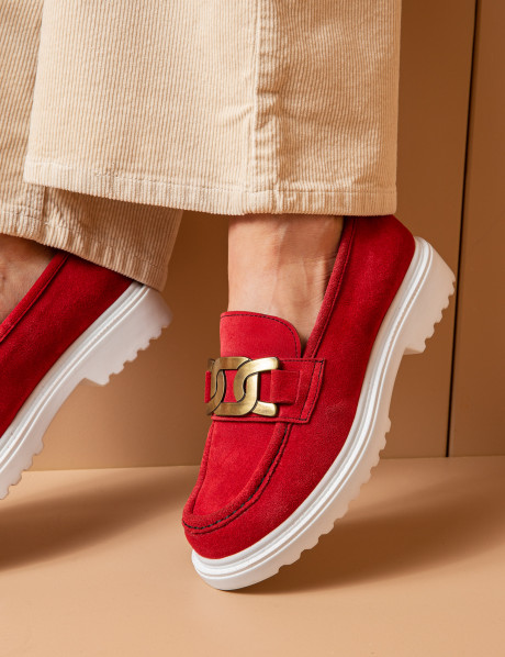 Hakiki Süet Kırmızı Loafer Kadın Ayakkabı