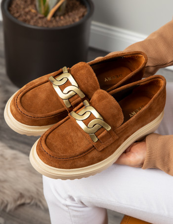 Hakiki Süet Taba Rengi Loafer Kadın Ayakkabı - 01902ZTBAP01