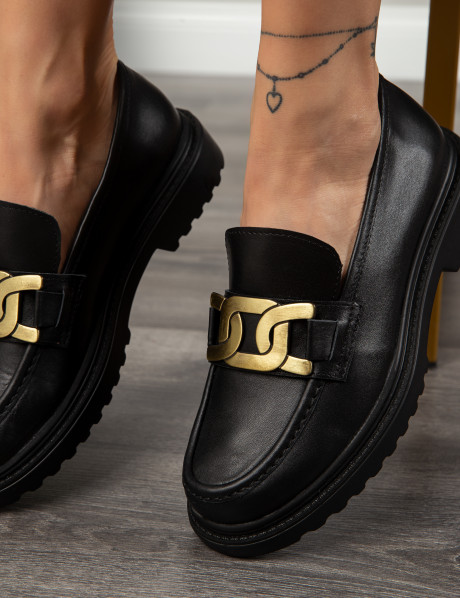 Hakiki Deri Siyah Loafer Tokalı Kadın Ayakkabı