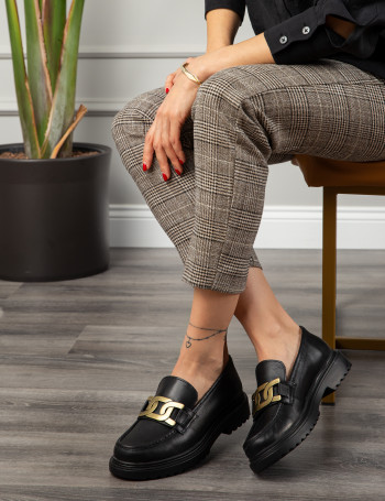 Hakiki Deri Siyah Loafer Tokalı Kadın Ayakkabı
