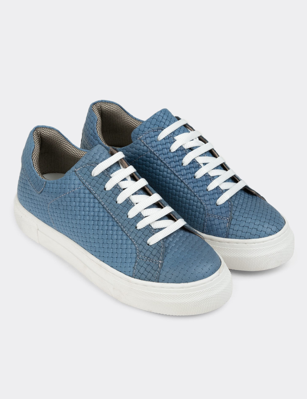 Hakiki Deri Mavi Hasır Desen Kadın Sneaker Ayakkabı - Z1681ZMVIC16