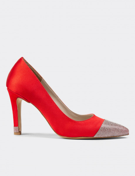 Kırmızı Saten Taşlı Stiletto Kadın Topuklu Ayakkabı