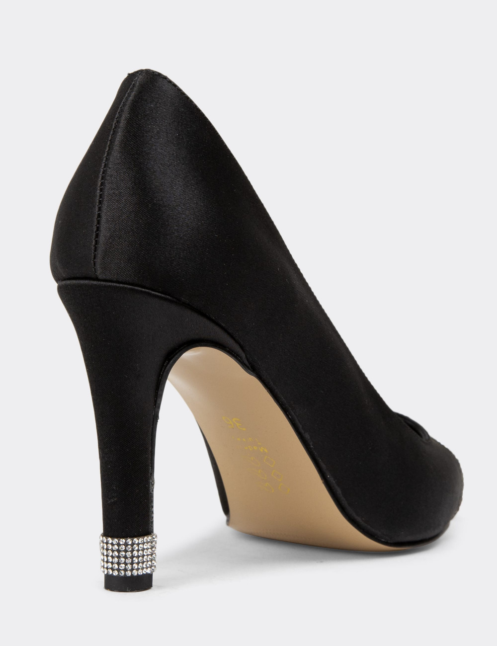 Siyah Saten Taşlı Stiletto Kadın Topuklu Ayakkabı - K0030ZSYHM01