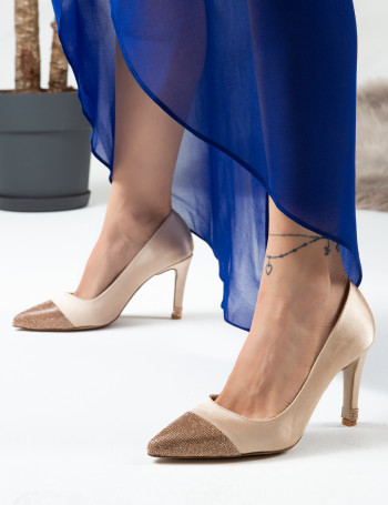 Bej Saten Taşlı Stiletto Kadın Topuklu Ayakkabı - K0030ZBEJM01