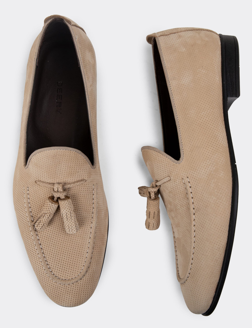 Hakiki Nubuk Bej Rengi Püsküllü Erkek Loafer - 01702MBEJC01