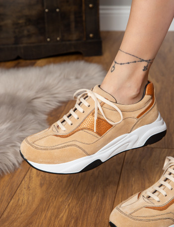 Hakiki Süet Bej Sneaker Kadın Ayakkabı - 01890ZBEJE01