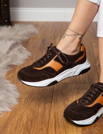 Hakiki Süet Kahverengi Sneaker Kadın Ayakkabı - 01890ZKHVE01