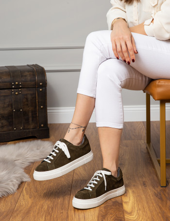Hakiki Süet Haki Sneaker Kadın Ayakkabı - Z1681ZHAKC08