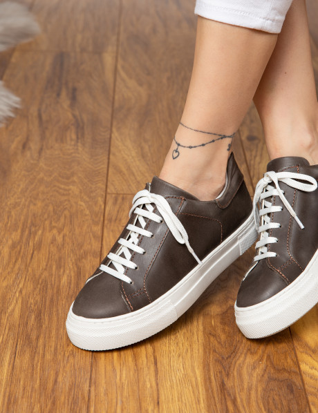 Hakiki Deri Kahverengi Sneaker Kadın Ayakkabı