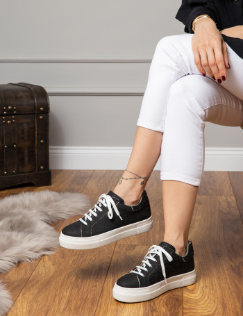 Hakiki Nubuk Siyah Puantiyeli Sneaker Kadın Ayakkabı