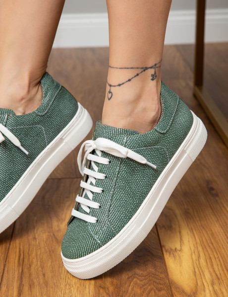 Hakiki Deri Yeşil İşlentili Sneaker Kadın Ayakkabı