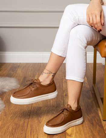 Hakiki Deri Taba Rengi Sneaker Kadın Ayakkabı - Z1682ZTBAC01