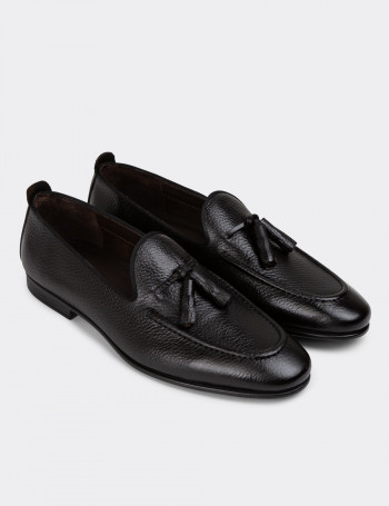 Hakiki Deri Siyah Püsküllü Erkek Loafer - 01701MSYHC07