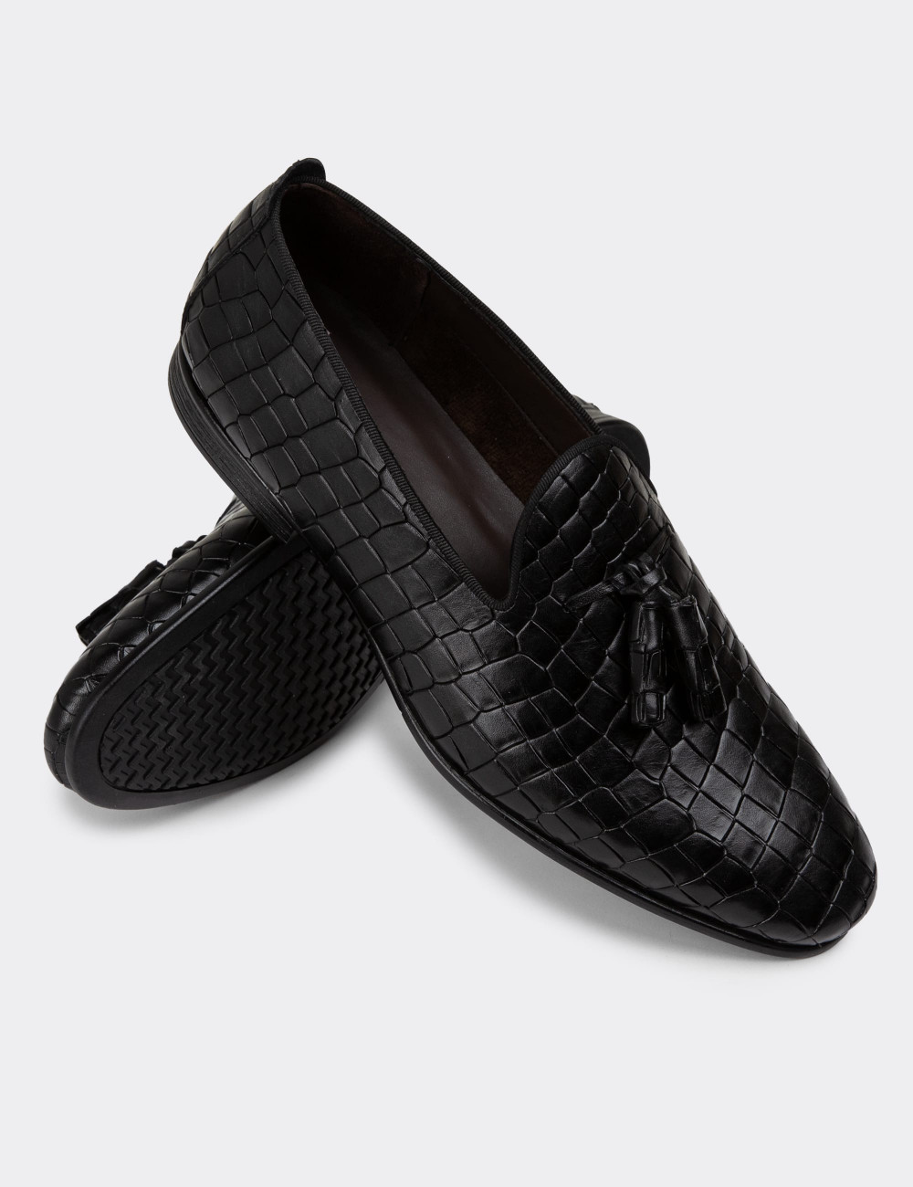 Hakiki Deri Siyah Püsküllü Erkek Loafer - 01702MSYHC12