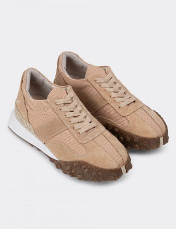 Hakiki Süet Bej Sneaker Kadın Ayakkabı - R3501ZBEJC01