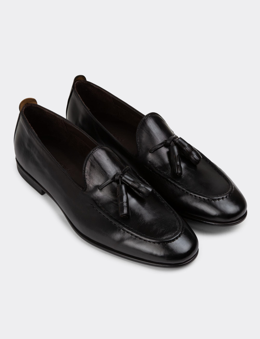 Hakiki Deri Siyah Vintage Püsküllü Erkek Loafer - 01701MSYHC09