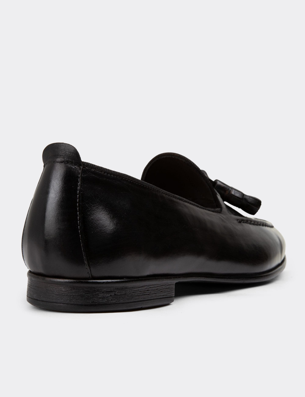 Hakiki Deri Siyah Vintage Püsküllü Erkek Loafer - 01701MSYHC09