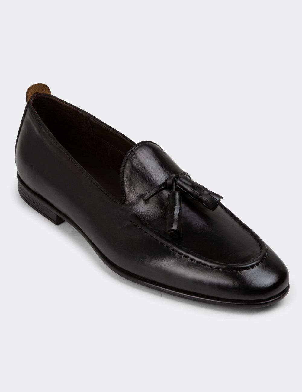 Hakiki Deri Siyah Vintage Püsküllü Erkek Loafer - 01701MSYHC09