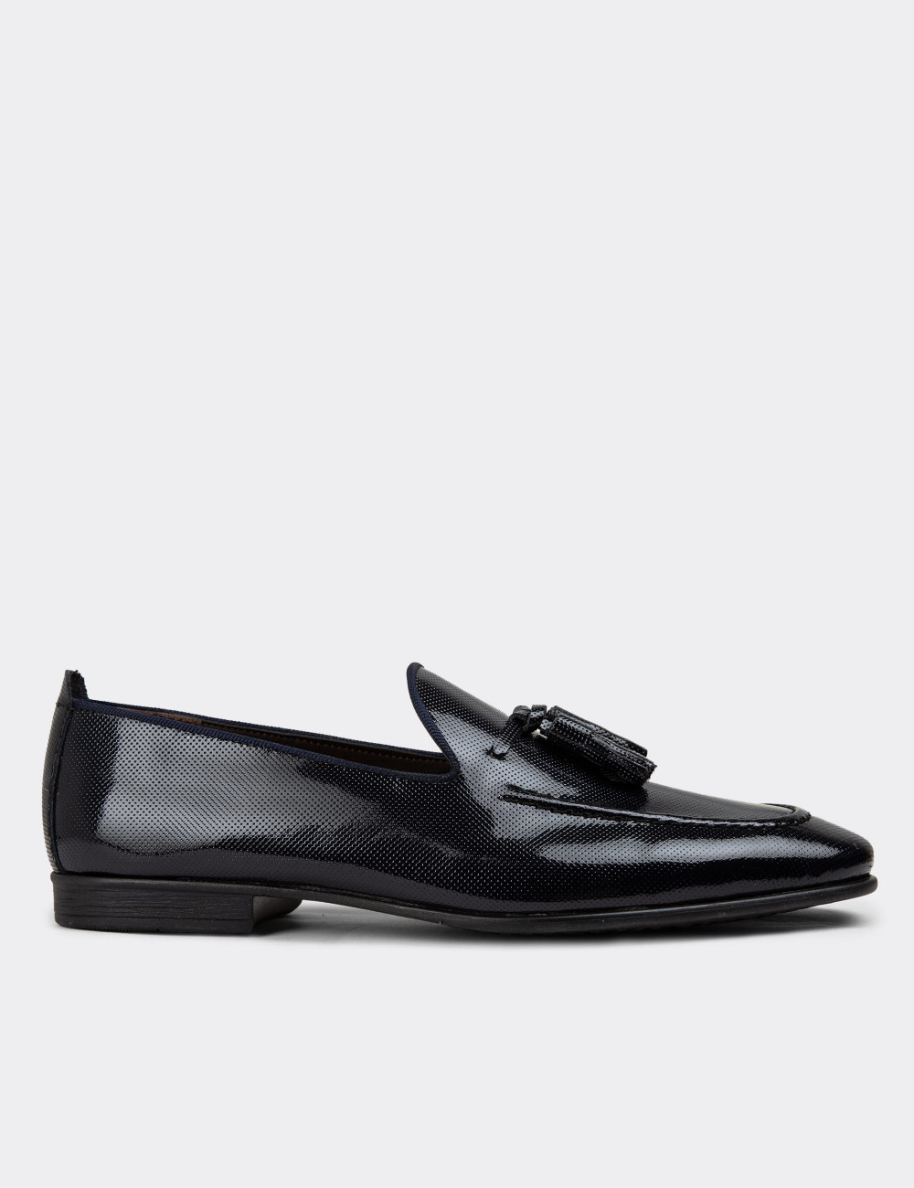 Hakiki Rugan Lacivert Püsküllü Erkek Loafer - 01701MLCVC06
