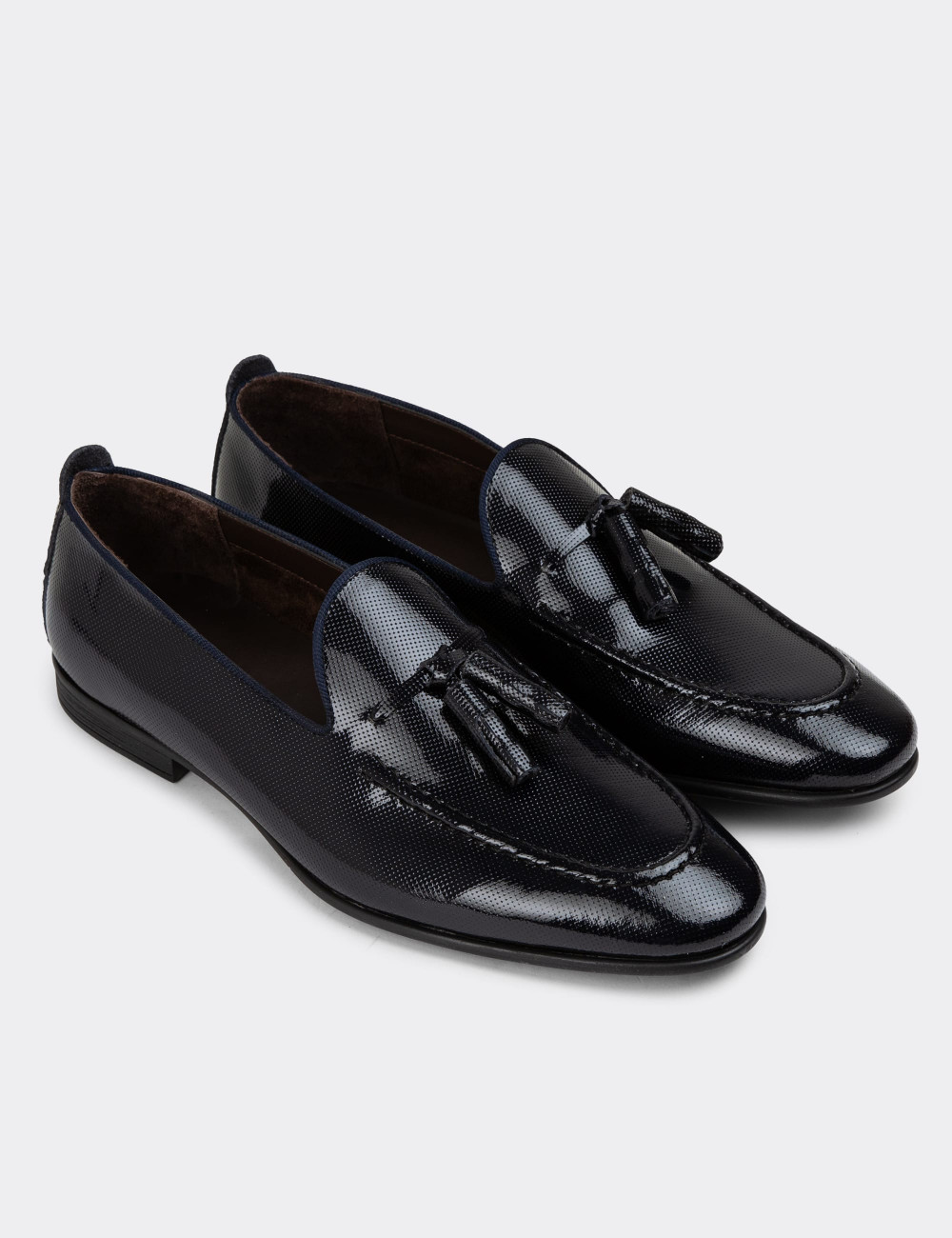 Hakiki Rugan Lacivert Püsküllü Erkek Loafer - 01701MLCVC06