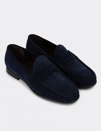 Hakiki Süet Lacivert Loafer Erkek Ayakkabı - 01648MLCVC02