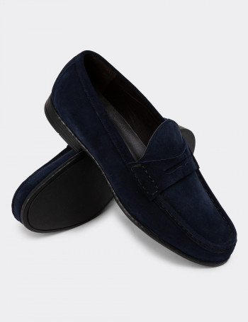 Hakiki Süet Lacivert Loafer Erkek Ayakkabı - 01648MLCVC02