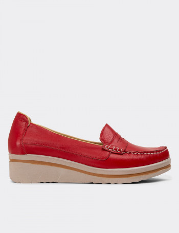 Hakiki Deri Kırmızı Günlük Dolgu Topuk Kadın Ayakkabı